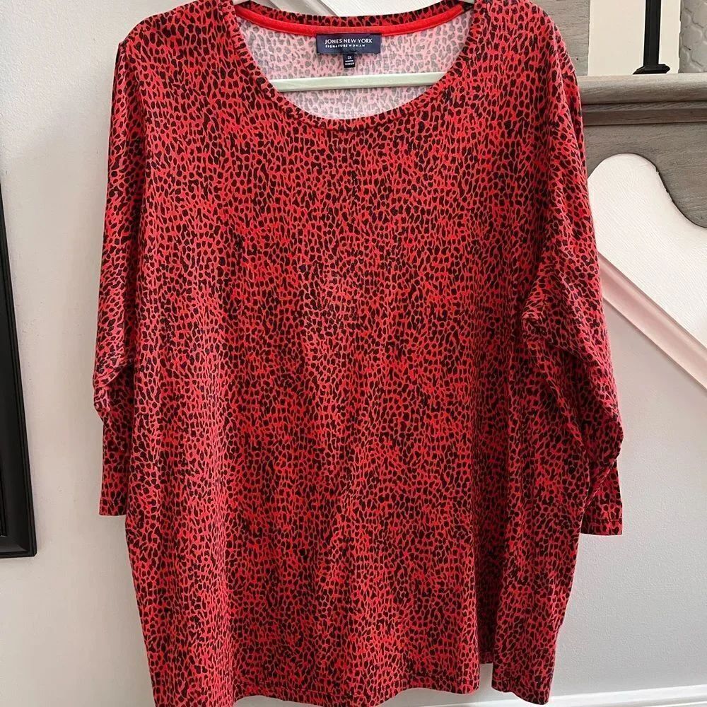 Jones New York Red & Black Leopard Print 3/4 Sleeve T-Shirt sz 3X